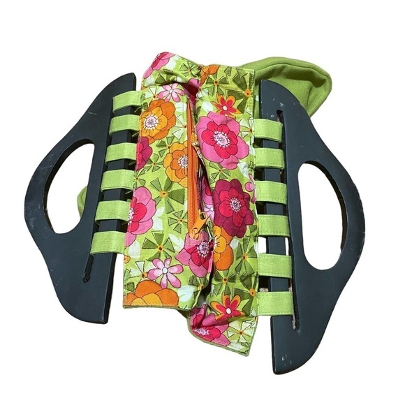 USINDO Green Fabric Purse w/Floral Design & Wooden Handles - Picture 7 of 9